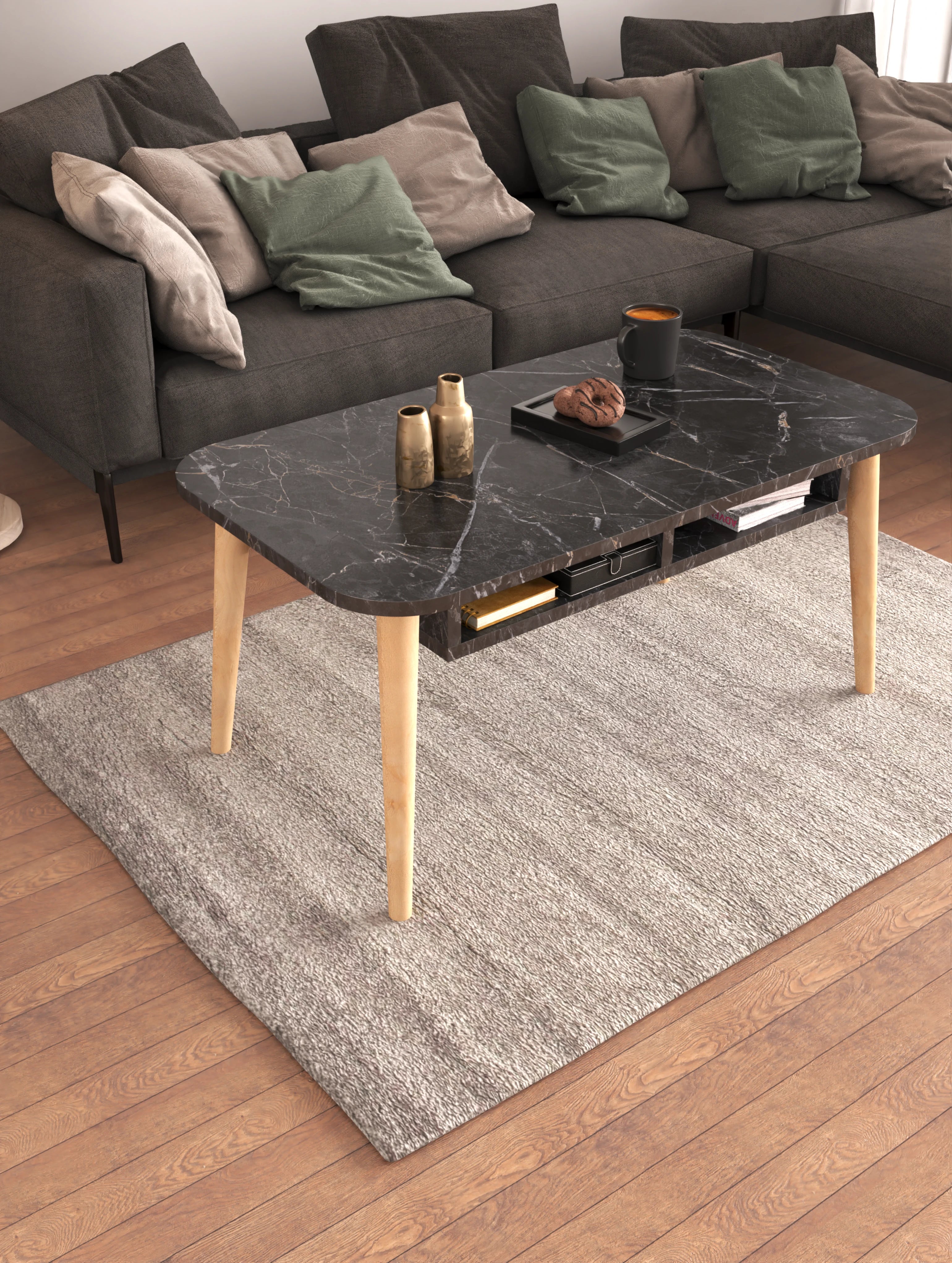 Aura Couchtisch mit Zeitschriftenhalter, moderner Akzenttisch aus schwarzem Marmor mit Holzbeinen und Regalen – funktionale Aufbewahrung für das Wohnzimmer