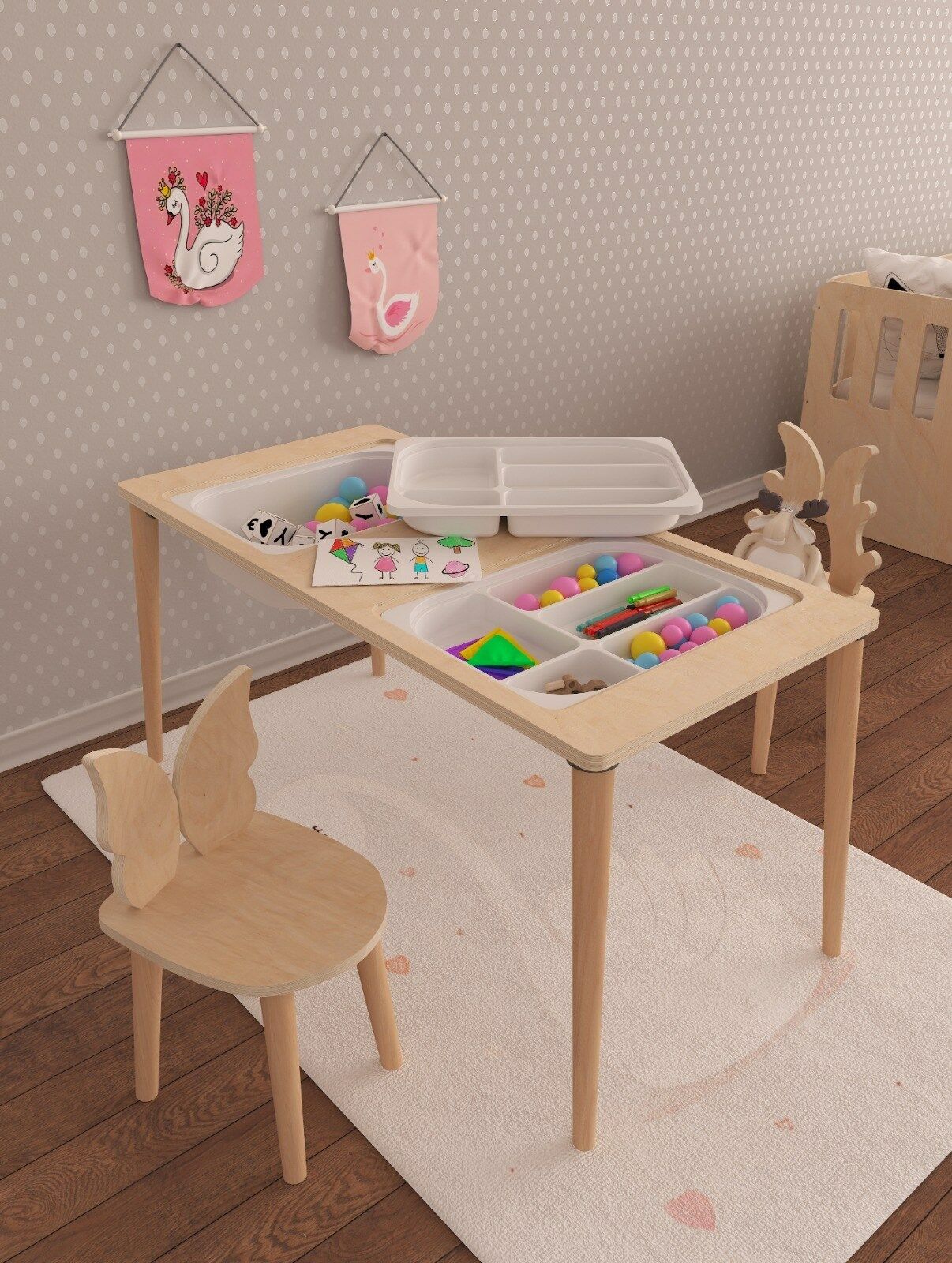Wooden Montessori Toddler Activity Table with Built In Toys Shelf Natural Wood Furniture for Kids Playroom